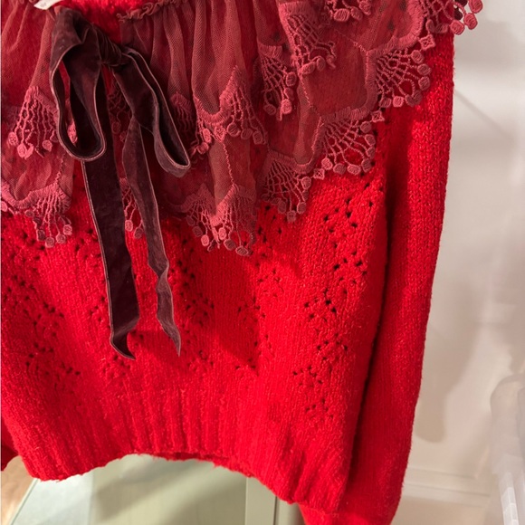 Free People Red Lace Trim Sweater - Picture 2 of 4
